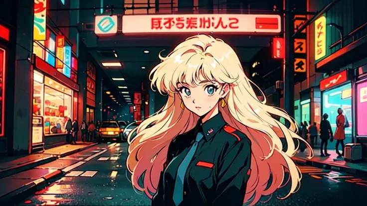 Create a digital illustration in the style of 90s anime art. The character should resemble a young woman with long blonde hair, yellow eyes, and red horns, wearing a white shirt and black tie. She should be standing in a neon-lit city street at night, with...