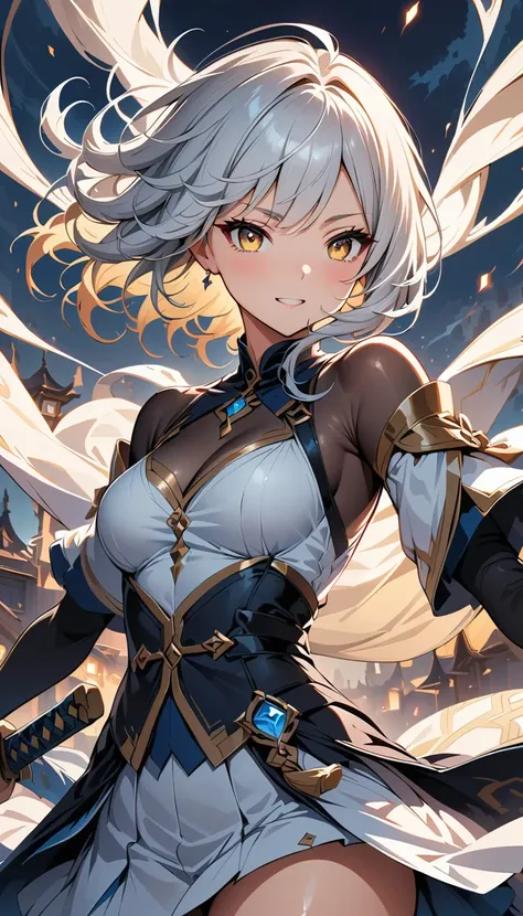 (masterpiece, best quality:1.3), (extremely detailed CG illustration), (beautiful detailed dynamic light, best shadows:1.1), (shiny and glossy skin),Black anime girl with long white hair dressed in white, Yellow Eyes, With sword, Shocking Genshin style