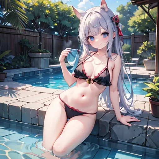 ((masterpiece)), ((Highest quality)), (Very detailed), Anime Style, Pool, pretty girl, One girl, alone, ((Beautiful Eyes)), smile, bikini00,