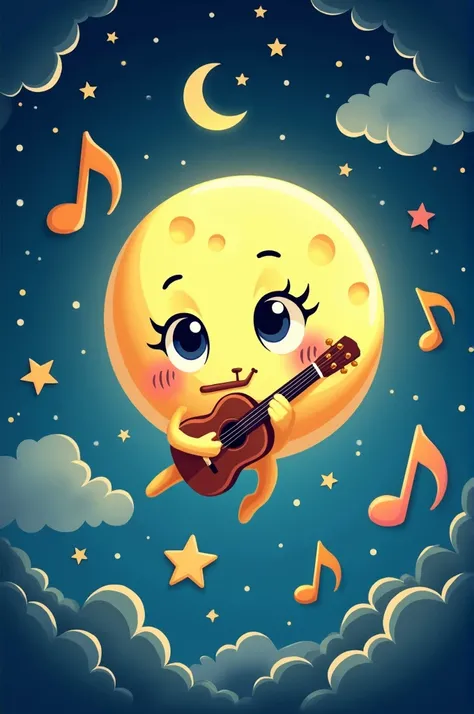 The Moon playing a flute or a guitar, surrounded by musical notes floating in the air. Stars and clouds are dancing to the rhythm, creating a lively, musical night sky cartoon.