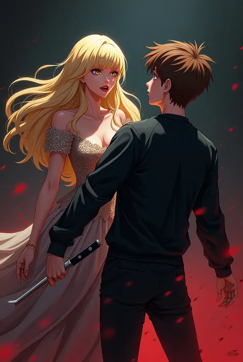 An anime-style image of a blonde woman in a dress stabbing a man in a black sweatshirt with brown hair in the back
