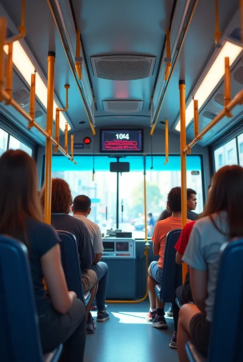 Inside a bus based on a Brazilian bus, there is an LED screen with the number 104 and the next stops., several intelligent speakers telling you the next stops.
A very simple project.