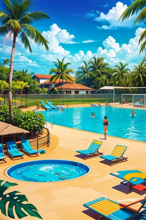 Illustration of a vibrant aquatic park in the Brazilian Pantanal, featuring multiple pools with built-in volleyball nets, surrounded by palm trees and tropical plants. The scene includes colorful water slides, lounge chairs, and a clear blue sky filled wit...