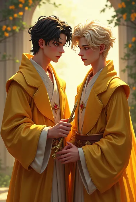 Cute young male character in the fantasy era, magic world, attractive colors, sweet-faced young man holding a magic wand in his hand, magic, cool robes, young man, magic wand in the Harry Potter series, beautiful golden robes, two young men, one with a swe...