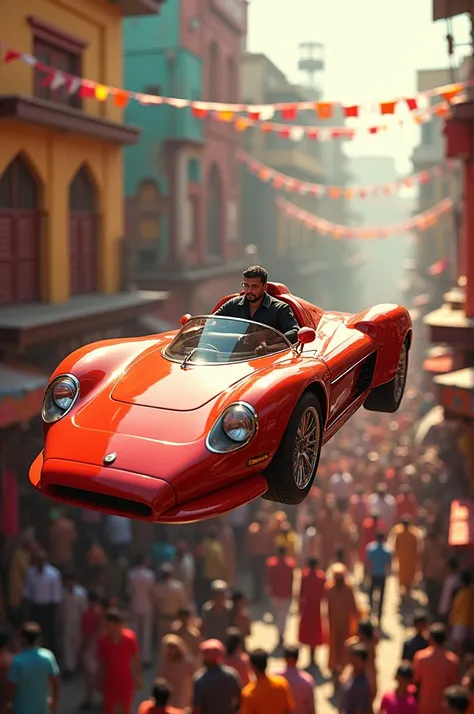 Flying car in india, red colour , celebration in background, 