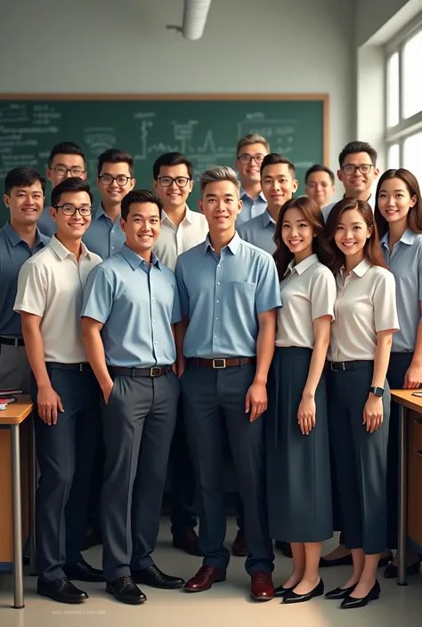 Create 4 pictures of 18 Thai people, 6 male teachers aged 45 years, 4 teachers aged 57 years, 2 female teachers aged 35 years, working in a secondary school.