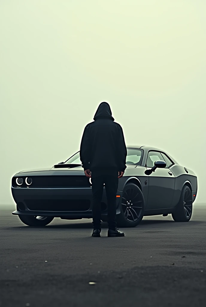 Alone  A faceless man with a Dodge challenger car.