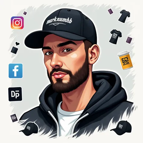 Create a social media profile photo for A young man with a beard and black basketball hat with the logo "Mark Numhb " with Facebook icon,Twitter icon ,Instagram icon ,twitter icon and tiktok icon where the person completes the design and puts them Vectors,...