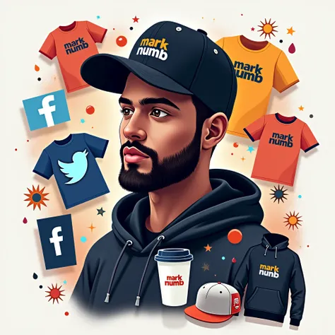 Create a social media profile photo for A young man with a beard and black basketball hat with the logo "Mark Numhb " with Facebook icon,Twitter icon ,Instagram icon ,twitter icon and tiktok icon where the person completes the design and puts them Vectors,...