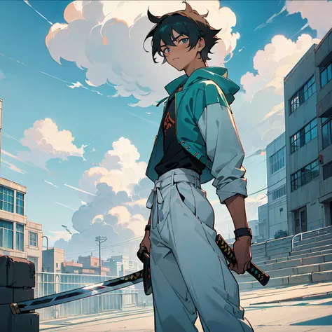 ((masterpiece,best quality,1boy,male focus,looking at viewer,solo,closed mouth,teenager,muscular,muscle,swordsman,katana))

ash gray hair,short messy hair,teal eyes,perfect eyes,perfect face,calm demeanor,modern clothing,white sweatshirt,white pants,red jo...