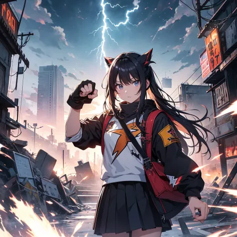 masterpiece、Bold, anime-style illustration、Dense painting、Humorous and crazy。1 high school girl、Cinematic lighting、Clench your fists、A high school girl awakens and stands up strong、Lightning strikes her、The background is a ruined city in the near future.。