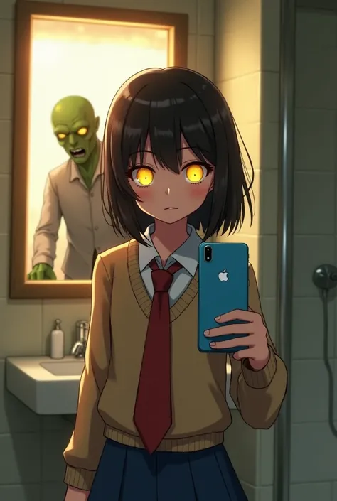 1girl, young girl with glowing yellow eyes, taking a selfie with a blue smartphone with Apple logo in front of a mirror. She has shoulder-length dark brown hair and is wearing a beige sweater over a white shirt with a red tie, and a blue skirt. The backgro...