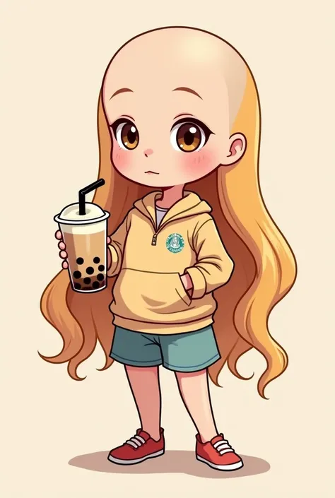 Cartoon of a girl with a bald head, no bangs, not bald, with long hair, holding a glass of pearl milk tea with a lid and a cute black straw, wearing a brand new milk tea-colored outfit.
