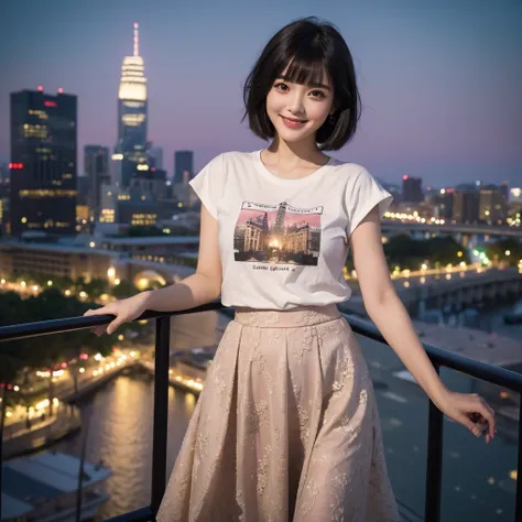 (Highest quality, masterpiece), one person, Intricate details, Beautiful detailed face, T-shirt and skirt, Evening cityscape, blush, Open your mouth, Black Hair, short hair, Blunt bangs, Happy, Are standing, Cowboy Shot,独奏, High resolution, smile,beautiful...