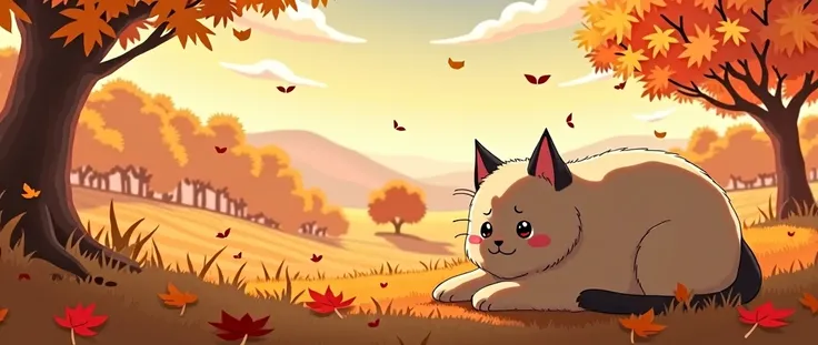 Cat, Cozy Anime ,Lofi ,Ultrawide ,Ghibli vibes , Wide view ,Fall ,landscape