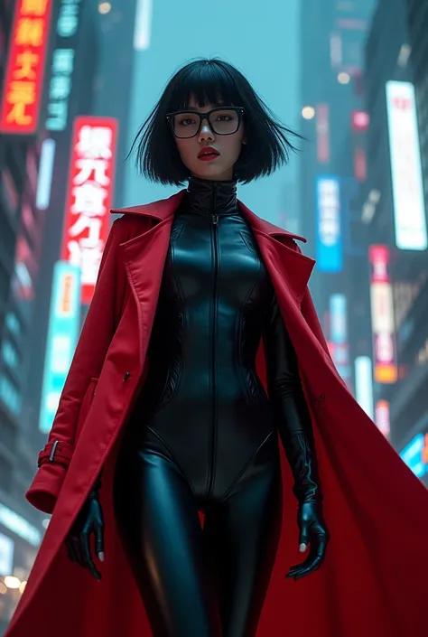 a Asian women who have short black hair, wearing a black leather futuristic suit and a red trench coat, wearing a futuristic glasses , cyberpunk style, neon cityscape background, dramatic lighting, moody color palette, cinematic composition, photorealistic...