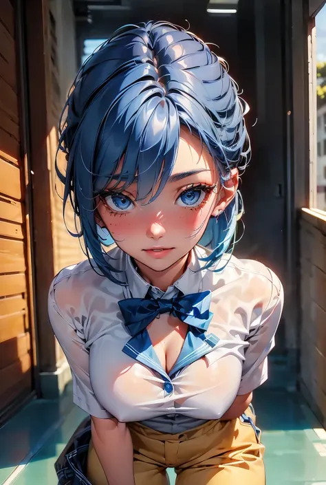 One girl, Shortcuts, Blushing, blue eyes, Blue Hair/Light blue hair, accurate, excited, The whole face turns red, Large Breasts, Thighs, high school student, pants