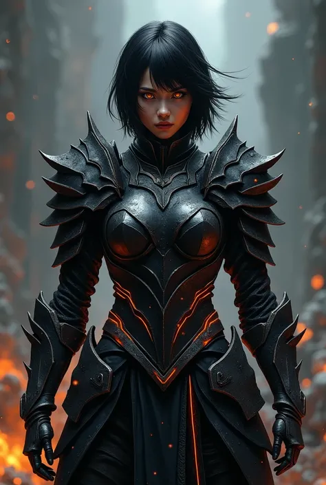 female berserker, perfect orange eyes, perfect short black hair, perfect black steel armor, orange line in armor, Line art, Detailed, dark ambient