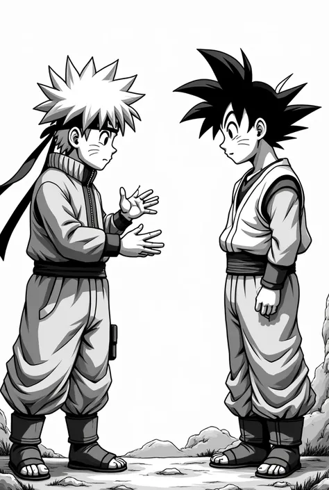 Naruto explains the situation to Goku as a child in black and white manga style in black and white comics