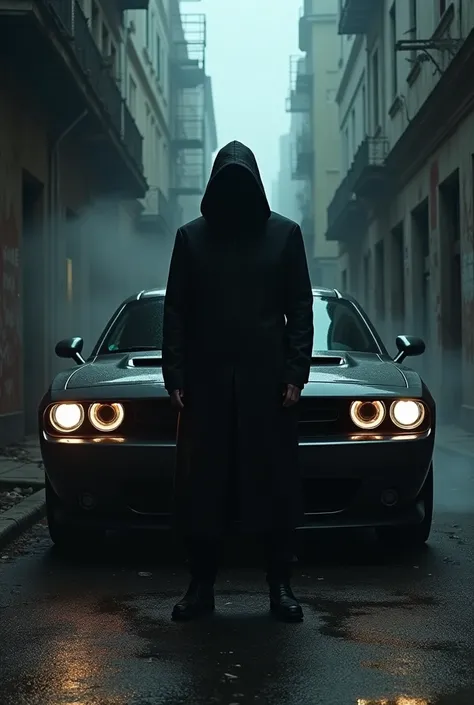  A faceless man with a Dodge challenger car
