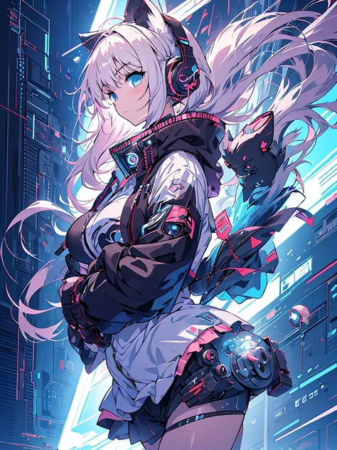 anime girl in futuristic outfit with cat ears and headphones, beautiful girl with cyborg parts, cyberpunk anime digital art, cyberpunk mech anime girl, female, beautiful cyborg girl, perfect android girl, portrait anime space cadet girl, fully body, neckle...