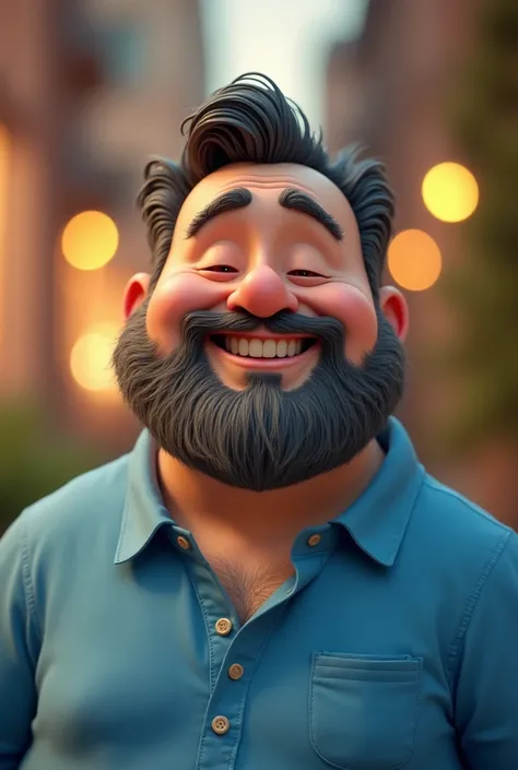 Cartoon character of a bearded, slightly chubby Caucasian man in a blue shirt, smiling, with gray beard strands and slightly closed eyes when smiling, animation character, Stylized character, animation style rendering, stylized 3D, Image rendering Arnold M...