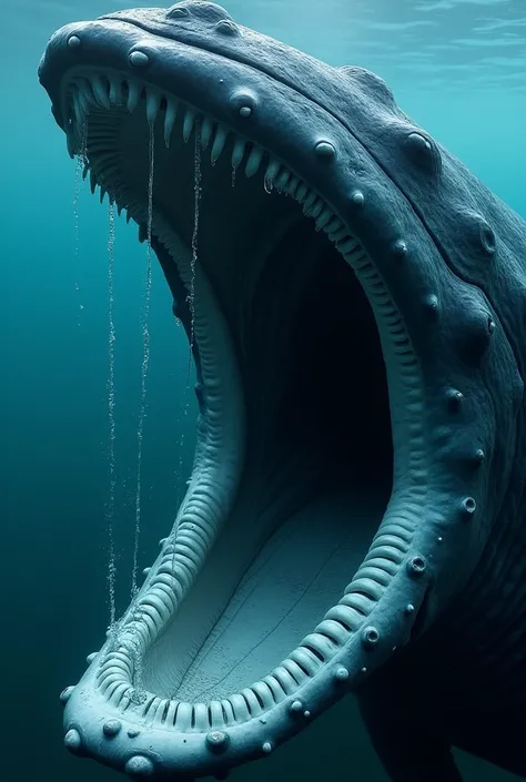 Close-up of a blue whale opening its large mouth to filter plankton, shows water entering it.