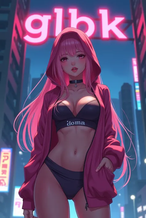 Create anime character;
{background: building capital HD text: “GLBK” in center-top, night}, tanned skin,
realistic, HDR, beautiful, korean style, full body, age 20, hoodie HD text: “Doma”, female, pink hair, long hair, big boobs