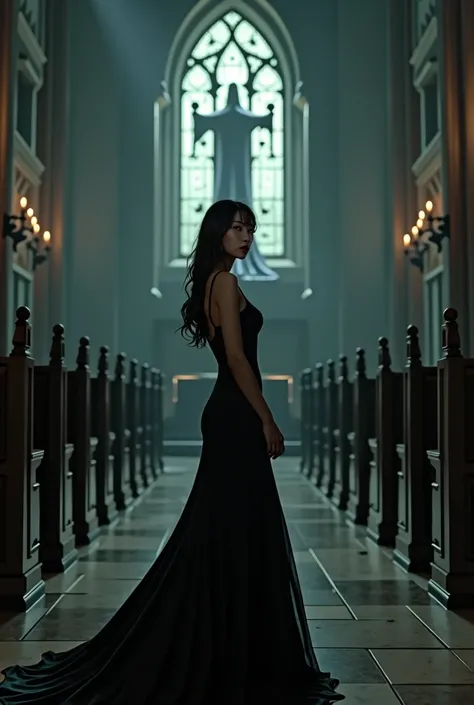 A beautiful Korean woman wearing a black luxury dress, inside a haunted black church black satanic logo background wide shot,very creepy atmosphere ,realistic, ultra HD 