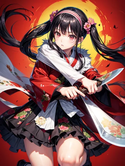 Yazawa Yukie style girl、One girl、alone、Black Hair、Long Hair、Holding、weapon、Floral print、knife、One knee、Wide sleeves、hair band、Twin tails、日本knife