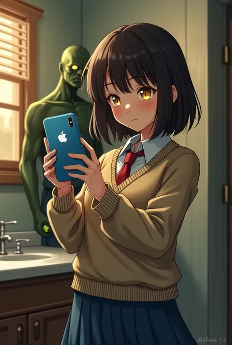 1girl, young girl with glowing yellow eyes, taking a selfie with a blue smartphone with Apple logo in front of a mirror, she is looking to the smartphone. She has shoulder-length dark brown hair and is wearing a beige sweater over a white shirt with a red ...