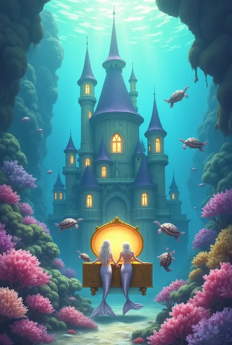 A beautiful castle underwater scene with charming mermaids, in manga art style, turtles, and friendly sea creatures, all gathered around a golden shell chest and coral reef, watercolor style, pastel and magical feel, hight detailed, 3d illustration