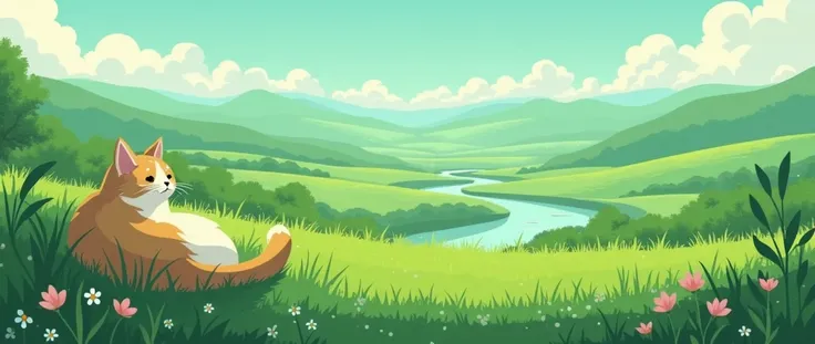 Cat, Cozy Anime ,Lofi ,Ultrawide ,Ghibli vibes , Wide view ,Green color tones ,landscape