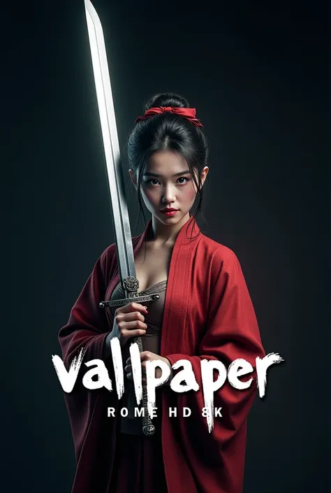 4D logo design, an image of a girl wearing a beautiful Asia holding a large sword, underneath there is text "Wallpaper HD 8K" on the label with a white brush effect behind the image, dark background, ultrarealistic image, rendered octane. masterpiece.