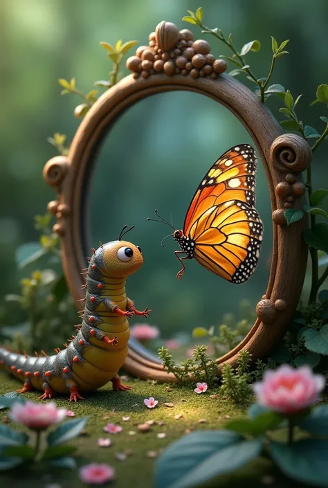 A caterpillar looking in the mirror and reflecting a butterfly 