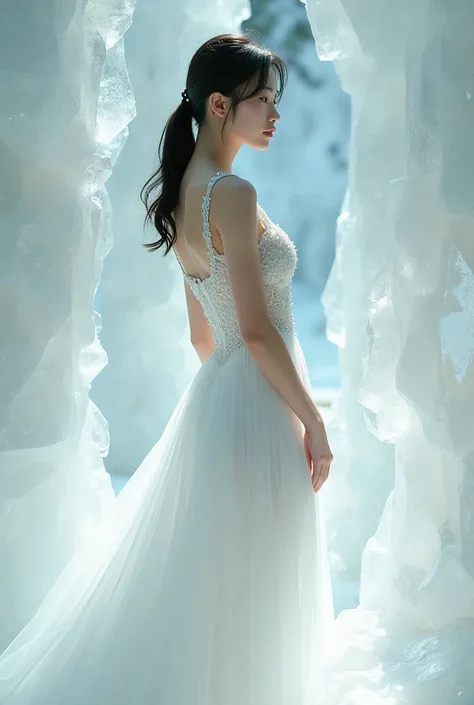 She was wearing a sleeveless dress made of crystals that were as clear as white glass.、Beautiful Japanese woman in her 30s。Her hair is tied back in a ponytail。Inside the Crystal Temple。