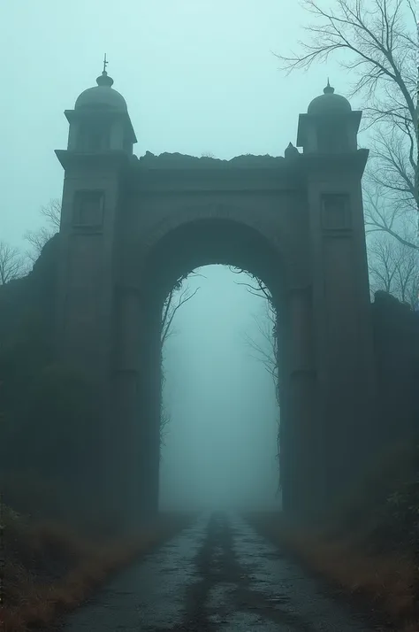 An ancient, broken-down gate, known as the Bloody Door, stands alone outside the village of Gaganpur. The gate is surrounded by dense fog and eerie silence, with an ominous aura suggesting black magic and terrifying events."