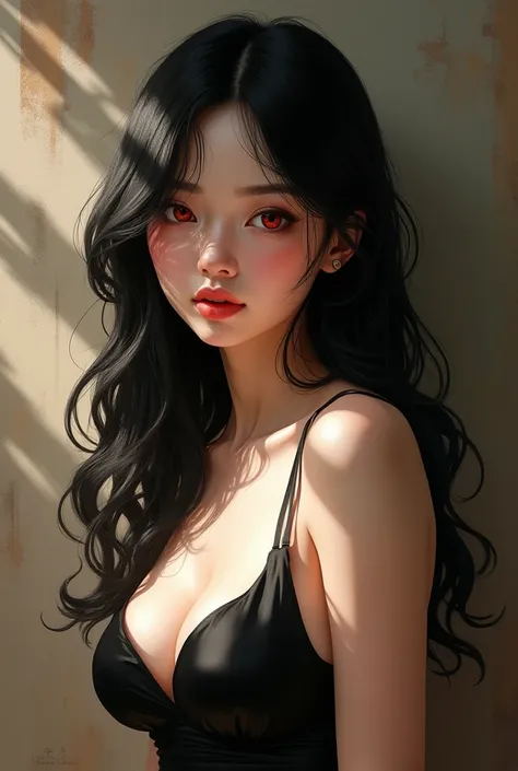 A beautiful young girl with pale skin and black hair, with reddish eyes, big breasts and a beautiful face.Masterpiece artwork, best qualityer, High details, HD Model