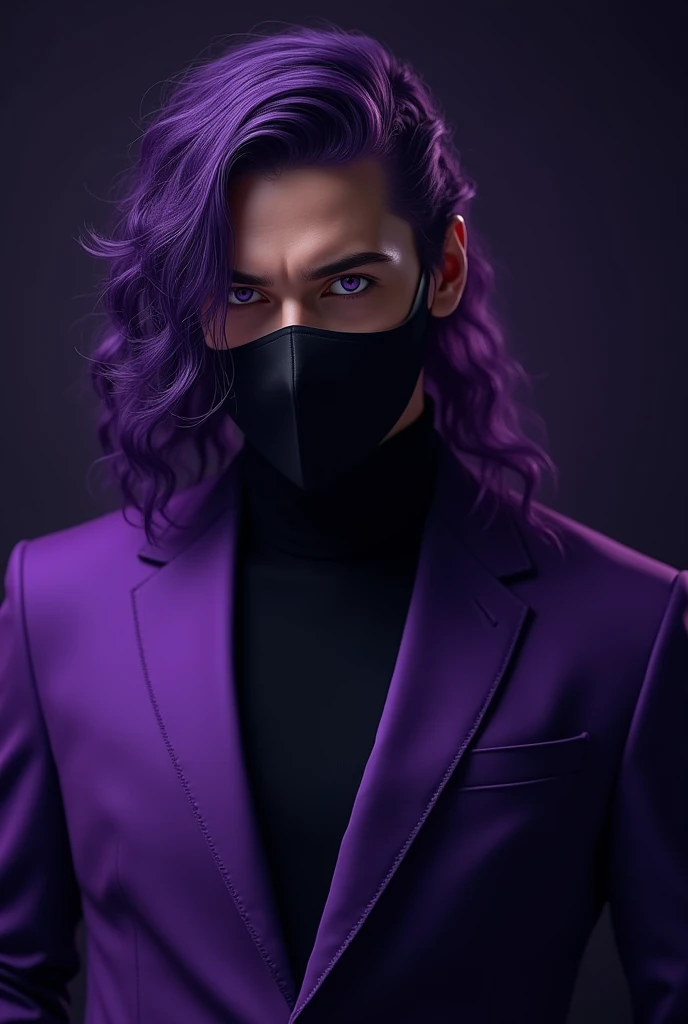 A man with a purple suit, purple hair falling forward, bright purple eyes, purple with a black criminal mask 