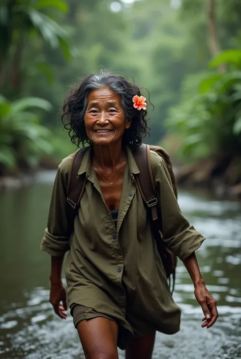 Photorealism 1.4 realistic realism high detailed definition  Malaysia native aboriginal orang asli old women curly hair white black crossing river river stream dark skin weaver backpack smile faces jungle big river wearing loose shirt accessories on hair f...