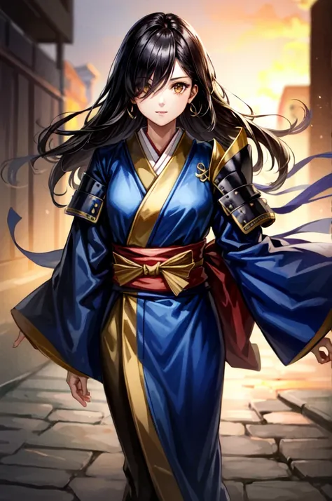 earing armor One adult female, wearing light armor, wearing black kimono, Long Hair, golden Eyes, Light makeup, tite waist, full body, hair over eye, anime, cinematic lighting, cowboy shot, UHD, retina, masterpiece, accurate, anatomically correct, textured...