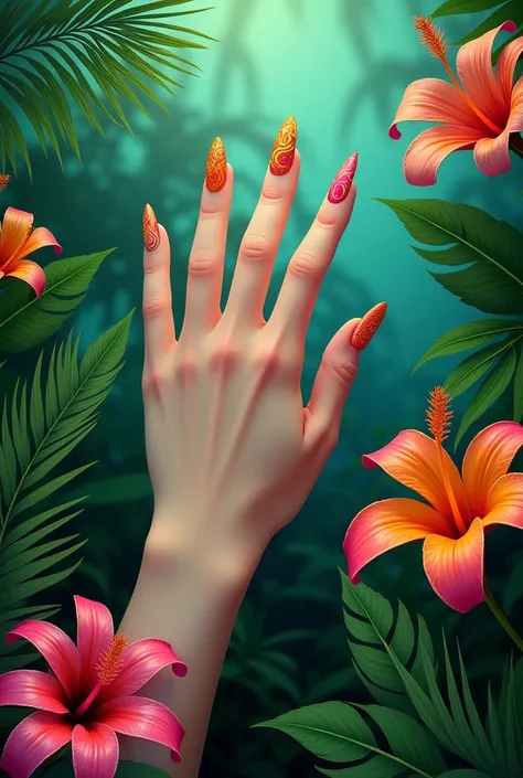 A hand with long colorful painted nails in a tropical garden 