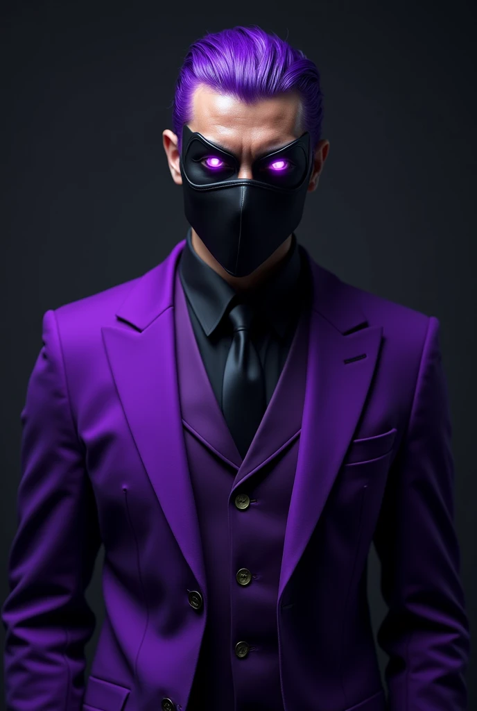 A man with a purple suit, purple hair forward, bright purple eyes with a black criminal mask 