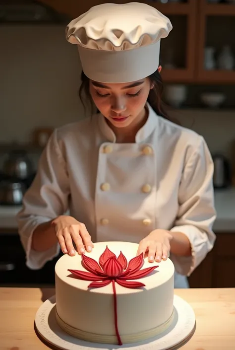 A girl make a lotus flower design dark
 Red colour simple one layer  cake.she wear the chef hat

