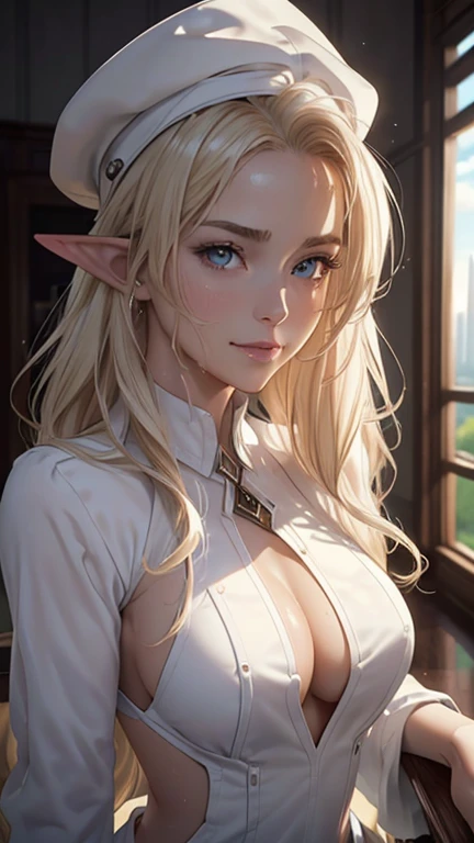 masterpiece, Highest quality, Highly detailed CG Unity 8K wallpapers,((whole body)), ((Reception counter)), (Long pointy ears), Elegant long wavy platinum blonde hair, ((Average Chest Circumference, Self-illuminating skin)), ((A skimpy white-on-black bank ...