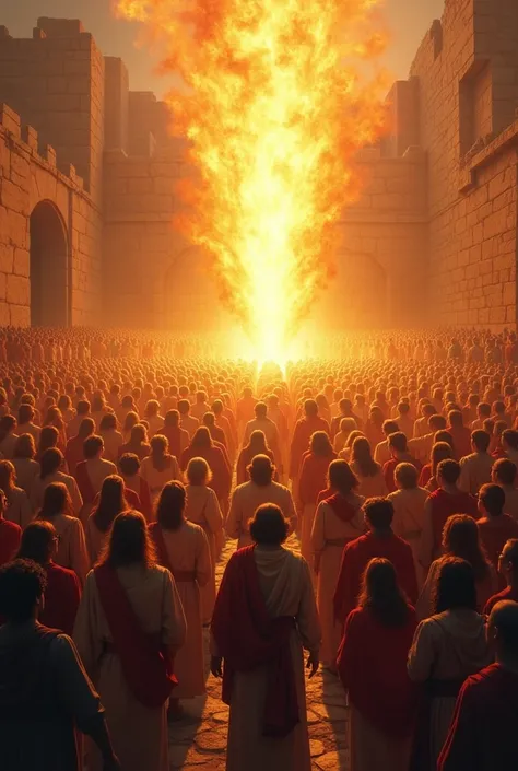 Pentecost in Jerusalem: A diverse group of people, filled with awe, stand in an open courtyard in Jerusalem. Above them, tongues of fire rest on each person’s head, symbolizing the descent of the Holy Spirit. The citys ancient stone walls and architecture ...