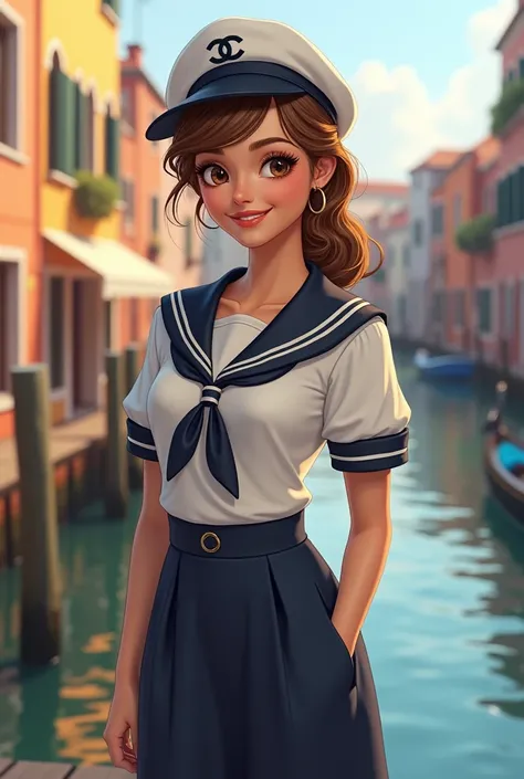 Draw a girl with a sailor look from Channel And the girl smiles on a dock in Venice 