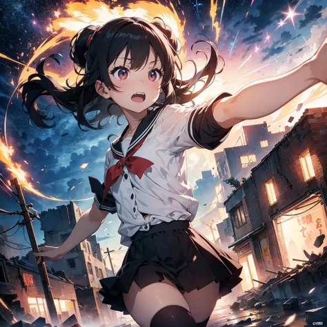 masterpiece、Bold, anime-style illustration、Dense painting、Humorous and crazy。1 high school girl、Cinematic lighting、Clench your fists、A high school girl awakens and stands up strong、Lightning strikes her、The background is a ruined city in the near future.。