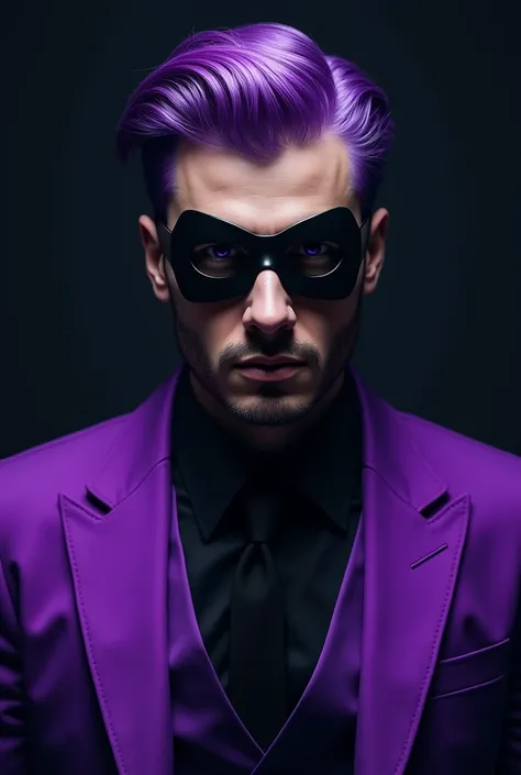 A man with a purple suit, purple hair forward, bright purple eyes with a black criminal mask 