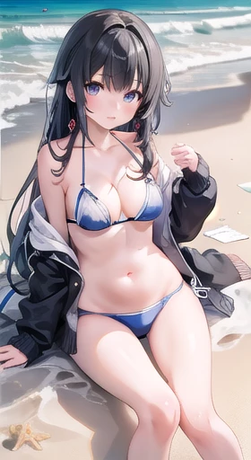 yukino yukinoshita, Long Hair, Cleavage, belly button, Slim legs, Black Hair, blue eyes,  White Side Thai Bikini, Beach, cardigan, Teenage body, Happy